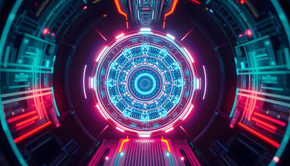 An abstract futuristic technology circle with an illustration of a digital network interface