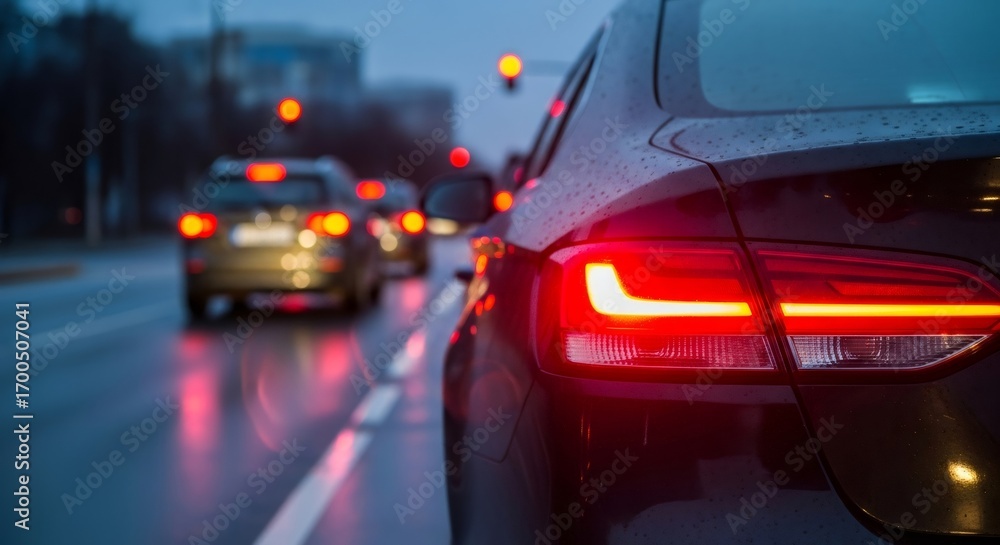 Car stopped at red traffic light on wet city street at night concept of ...