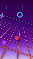 Wall Mural - animation of multicolored geometric shapes and grid pattern over black background