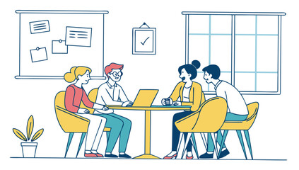 Group of people sitting around a table, working on a laptop, and discussing ideas in an office.