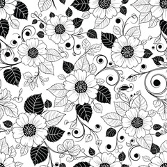 Naklejka na meble Black and white floral pattern featuring detailed flowers, leaves, and swirls design, seamless pattern, Stock royalty free image.