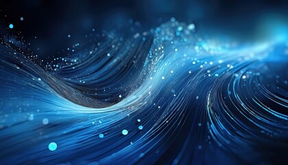 Wall Mural - glowing blue fiber optic light wave flowing through dark digital space with sparkling particles for 
