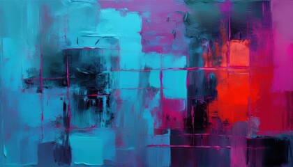 Wall Mural - vivid abstract painting with bold turquoise pink and red blocks blending into textured brush strokes for modern wallpaper or banner background