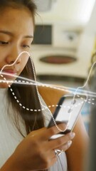 Wall Mural - animation of diagram over woman using smartphone in bus