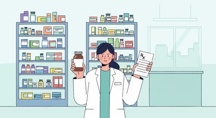 Professional female pharmacist standing in a modern drugstore, holding a prescription slip and a bottle of medication