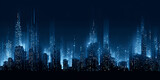 Glowing futuristic cityscape skyline in cyber blue style