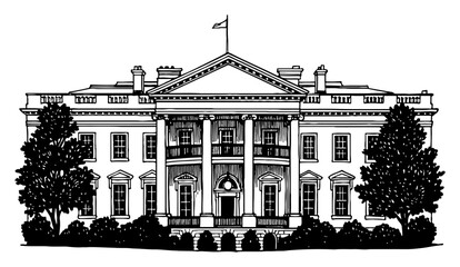 Wall Mural - the white house building black and white outline line art drawing vintage engraving style united sta