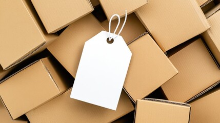 A white tag is suspended from a stack of cardboard boxes featuring a brown texture, set against a soft beige background, perfect for online store product displays