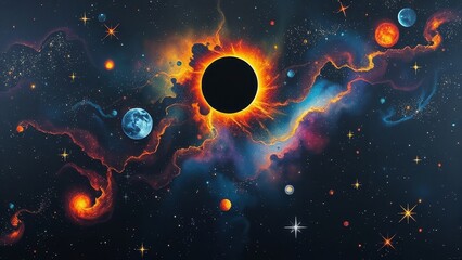Wall Mural - An illustration of a solar eclipse in space with beautiful colors. 