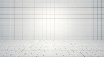 A sterile, minimalist white tiled room with a grid pattern on floor and wall