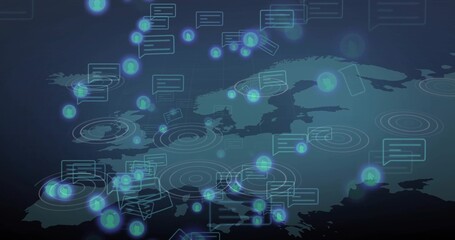 Wall Mural - Displaying outlined Europe map glowing on dark blue gradient, with network nodes and chat icons