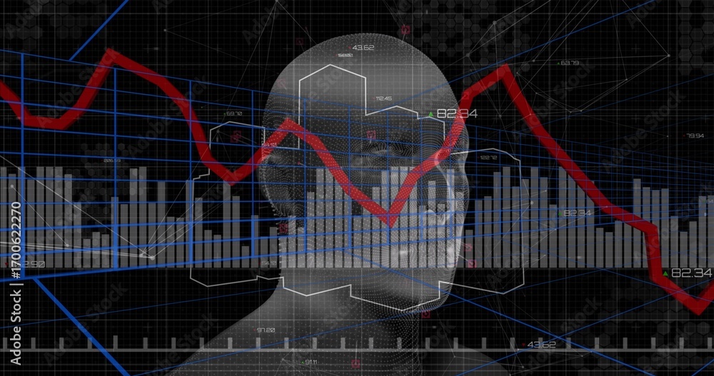 Wireframe head floating in grid interface, with red, blue trend lines ...