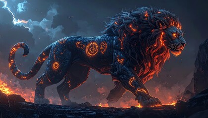 Fiery stone lion : fantasy creature rendered blue black accent mythical