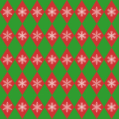 Wall Mural - Seamless argyle pattern with white snowflakes.Colorful harlequin repeat pattern in green and red for Christmas.Winter vector graphic background for textile and prints.