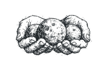 Wall Mural - Drawn hands cradling celestial spheres. Vector hand drawn illustration