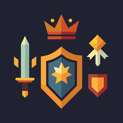 Flat design game elements featuring a crown, shield, sword, and medal, perfect for fantasy game development and user interface design