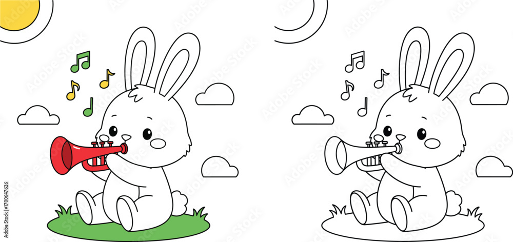 Cute Cartoon Bunny Playing Trumpet - Fun Animal Music Illustration for ...
