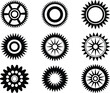 © Creatives Mind - Abstract gear wheel silhouette vector, mechanical cog design, industrial gear icons, machinery engineering parts illustration, decorative sunburst shapes, black circular gear artwork