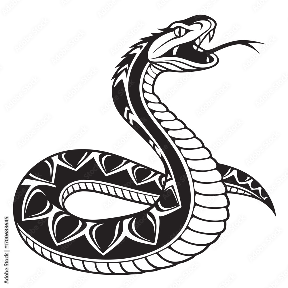 Stylized Black and White Snake Illustration Depicting an Aggressive Cobra  with Decorative Tribal Patterns and a Split Tongue Stock Vector | Adobe  Stock, image size:1000x1000
