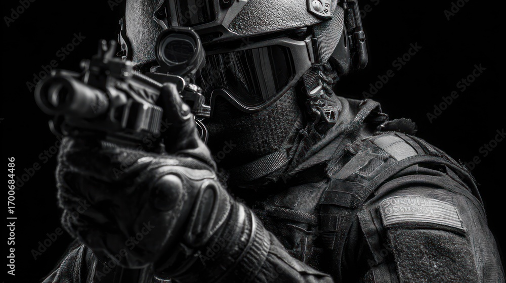 Focused soldier in tactical gear with rifle Stock Illustration | Adobe ...