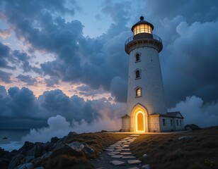 Wall Mural - Majestic lighthouse stands tall guiding ships through stormy twilight seas.