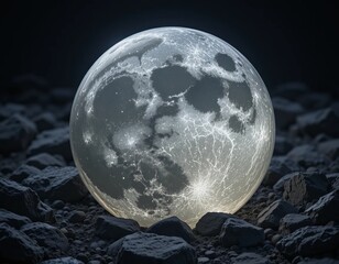 Wall Mural - Close-up view of a luminous moon sphere resting on dark rocks