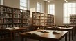 © Lemdah - Sunlight streams into a well-lit library with wooden bookshelves and tables holding open books