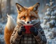 © Iqra - Cozy fox in winter sweater enjoys a warm drink in snowy forest