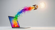 © Magic - Creative Launch: A laptop serves as the launchpad for a rocket-powered lightbulb, spewing a vibrant explosion of colors, symbolizing the power of creative ideas taking flight.