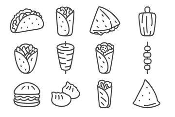 Street Food Icons. Line style icons of street food: taco, burrito, quesadilla, tamale; gyro, shawarma, falafel wrap, kebab; bao