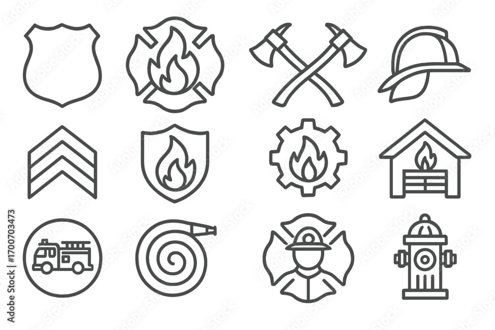 Fire Department Symbols. Line style icons of fire department symbols ...