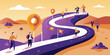 © TANIA - Right Business Way Concept. Vector cartoon illustration of many roads leading in different directions, along which people go—one path leading to a goal with a final golden mark.