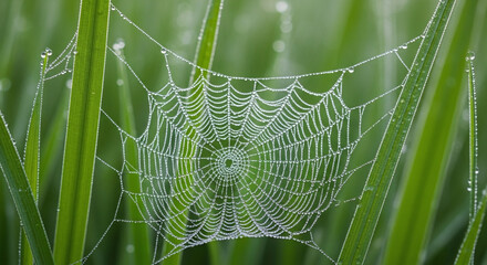 Intricate Spiderweb Covered in Morning Dew Drops