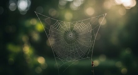 Intricate spider web glistening with dewdrops in a sunlit forest