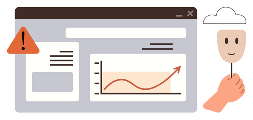 Browser window shows chart with upward trend, alert icon alongside hand holding mask. Ideal for growth, online security, analytics, identity, success, website safety monitoring. Simple flat metaphor