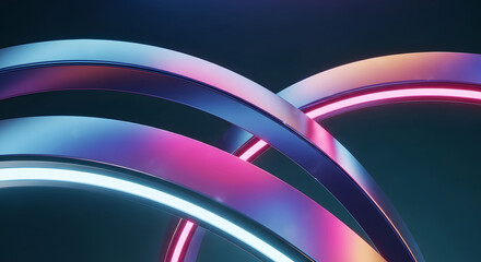 Intertwined metallic arches with glowing pink and blue neon lines. Futuristic technology and digital network concepts. A complex structure of tubes illuminated by vibrant energy.