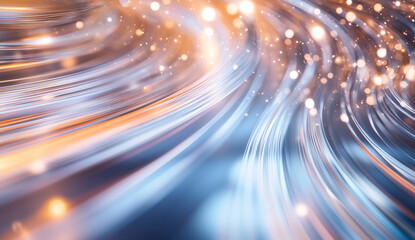 Abstract background with flowing light trails and bokeh effects in blue and orange tones rendering 3d