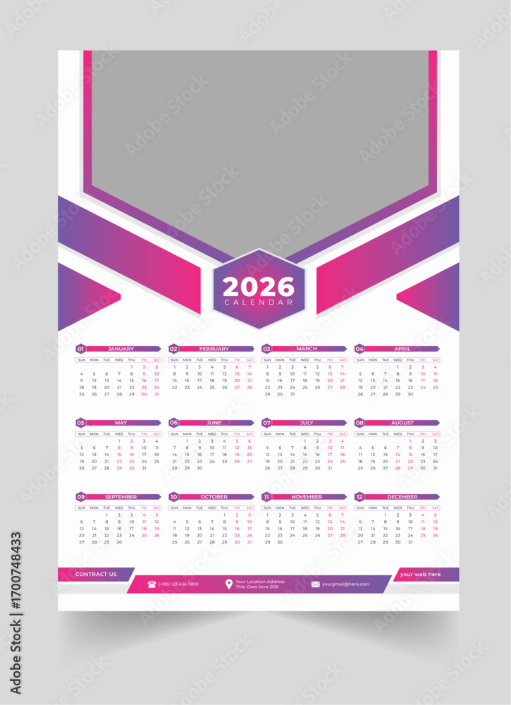 Wall calender 2026 one page Stock Vector | Adobe Stock