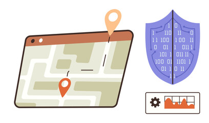 Map with route indicators, binary code shield for online security, chart with gear for data analysis. Ideal for navigation, security, analytics, technology, innovation privacy efficiency. A simple
