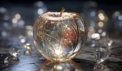 Crystal apple with gold wire, luxury art object, decorative design element