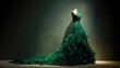 © Johannes - 14041403 01 luxurious emerald green evening dress on vintage mannequin cinematic lighting dark moody background dramatic shadows elegance fashion concept