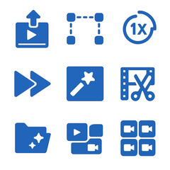 Blue multimedia interface icons on dark gradient background
