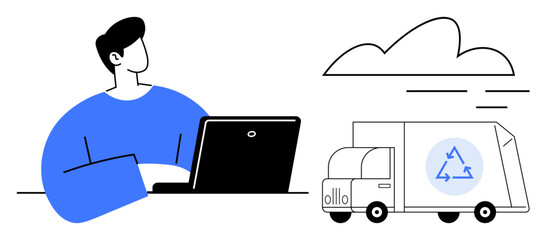 Wall Mural - Man using a laptop, eco-friendly truck with recycling logo, cloud. Ideal for tech, sustainability, logistics, innovation, online services, environmental awareness simple flat metaphor