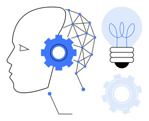 Wall Mural - Human head outline with connected neural network and central blue gear, accompanied by a glowing blue-tinted light bulb and secondary gear. Ideal for AI, machine learning, innovation, technology