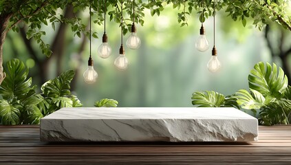 Displays marble block in lush garden. Showcases sustainable, natural concept. Green background. Use for product display, ads, design element, website.