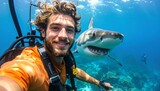 A man scuba diving underwater with a great white shark in a vibrant coral reef environment.