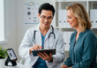© Elias Matinez - Doctor consulting female patient in modern clinic, reviewing notes on clipboard, healthcare consultation, horizontal