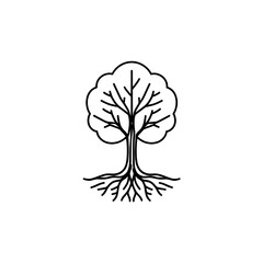 Simple line art illustration of a tree with visible roots and branches on a white background