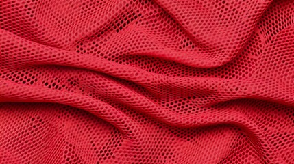 Close-up of a red sports fabric texture background. Red sports jersey material for football or basketball with a mesh pattern.