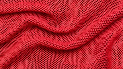 Close-up of a red sports fabric texture background. Red sports jersey material for football or basketball with a mesh pattern.